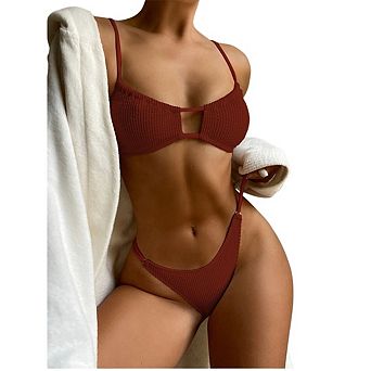 Women's Ribbed Triangle Bikini Sets O Ring Linked Swimsuit Set Textured Bathing Suit