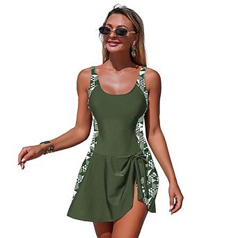 One Piece Swimdress Swimsuits for Women Tummy Control Swim Side Color Block Skirt Bathing Suit