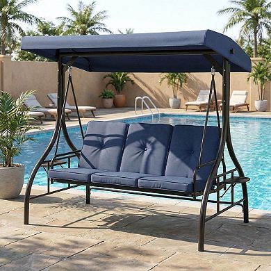 3-Person Swing Chair with Adjustable Canopy,Convertible Swing Bed & Stand,Plush Cushions&Cup Holders