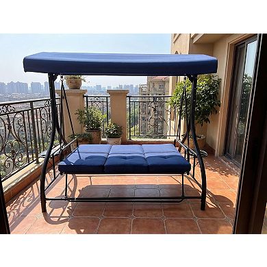 3-Person Swing Chair with Adjustable Canopy,Convertible Swing Bed & Stand,Plush Cushions&Cup Holders