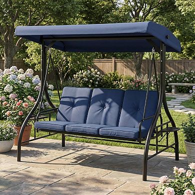 3-Person Swing Chair with Adjustable Canopy,Convertible Swing Bed & Stand,Plush Cushions&Cup Holders