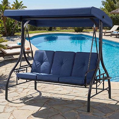 3-Person Swing Chair with Adjustable Canopy,Convertible Swing Bed & Stand,Plush Cushions&Cup Holders
