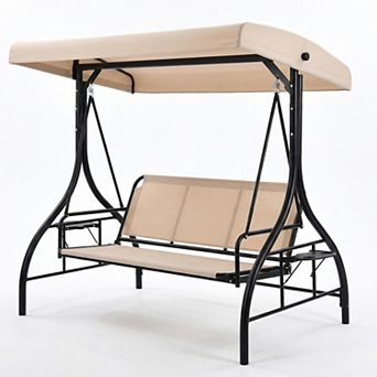 3-Person Swing Chair with Adjustable Canopy,Convertible Swing Bed & Stand,Plush Cushions&Cup Holders