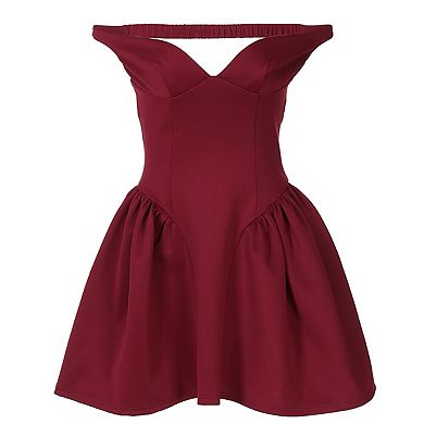 Women's Elegant V Neck Off Shoulder Mini Dresses A-Line Backless Solid Color Puffy Dress