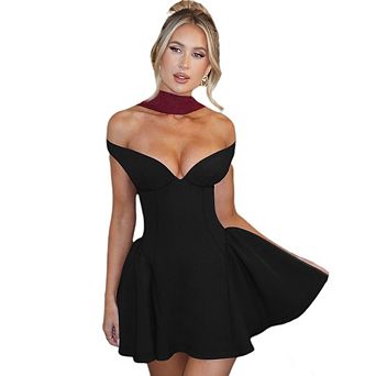 Women's Elegant V Neck Off Shoulder Mini Dresses A-Line Backless Solid Color Puffy Dress