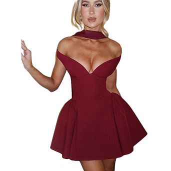 Women's Elegant V Neck Off Shoulder Mini Dresses A-Line Backless Solid Color Puffy Dress