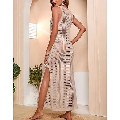 Women's Crochet Cover Up Hollow Out Side Split Sleeveless Beach Dress
