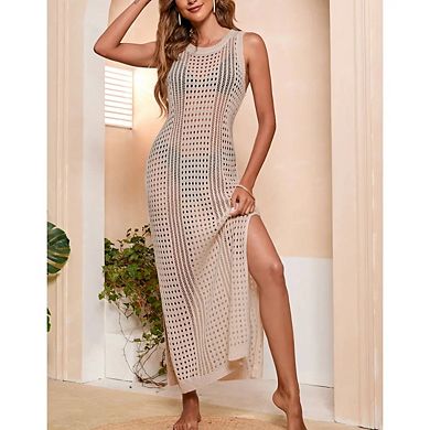 Women's Crochet Cover Up Hollow Out Side Split Sleeveless Beach Dress