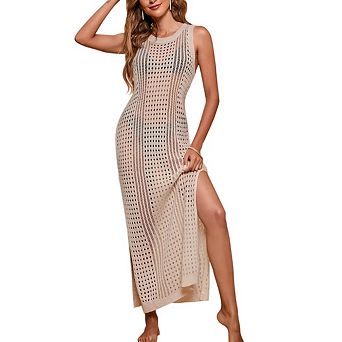 Women's Crochet Cover Up Hollow Out Side Split Sleeveless Beach Dress