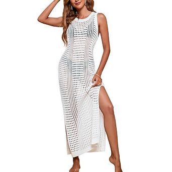 Women's Crochet Cover Up Hollow Out Side Split Sleeveless Beach Dress