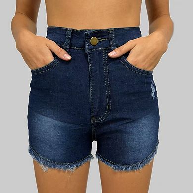 Women's Distressed Denim Shorts Fringe Hem Stretch Casual Shorts