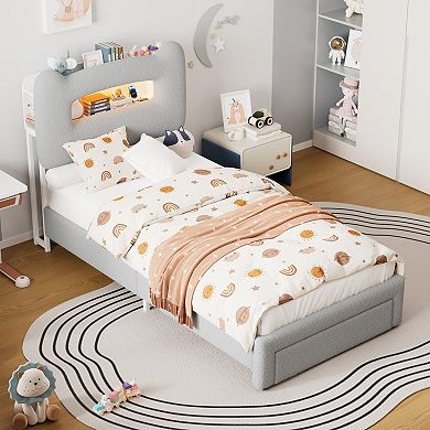 Bed Frame with 2-Tier Storage Headboard, Upholstered Platform Bed with Drawer,No Box Spring Needed