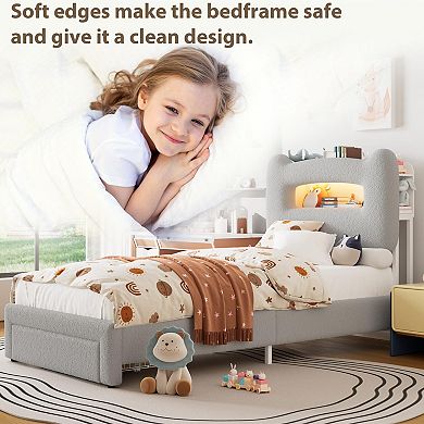 Bed Frame with 2-Tier Storage Headboard, Upholstered Platform Bed with Drawer,No Box Spring Needed