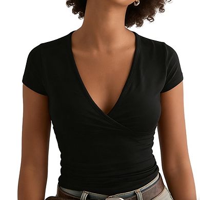 Womens Short Sleeve V Neck Wrap Front Fitted Top Soft Cropped Blouse