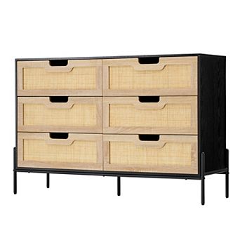 Farmhouse Rattan 6-Drawer Dresser with Metal Legs, Large Wooden Chest for Bedroom, Entryway