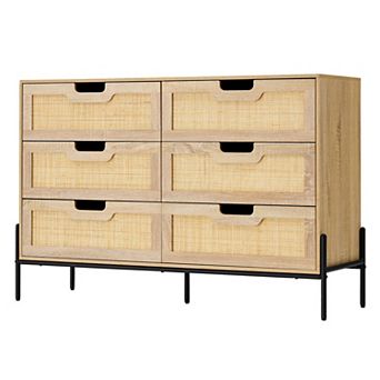 Farmhouse Rattan 6-Drawer Dresser with Metal Legs, Large Wooden Chest for Bedroom, Entryway