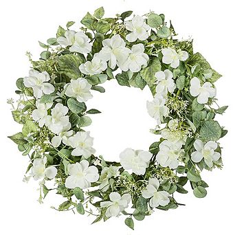 Artificial Spring Floral Wreath with White Roses and Eucalyptus Leaves for Front Door Decor