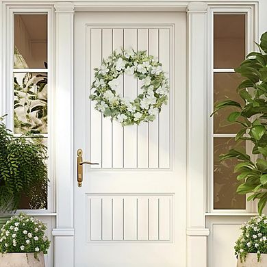 Artificial Spring Floral Wreath with White Roses and Eucalyptus Leaves for Front Door Decor