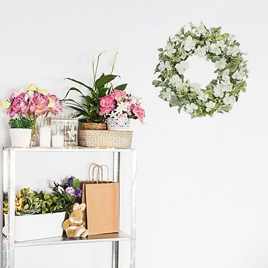 Artificial Spring Floral Wreath with White Roses and Eucalyptus Leaves for Front Door Decor