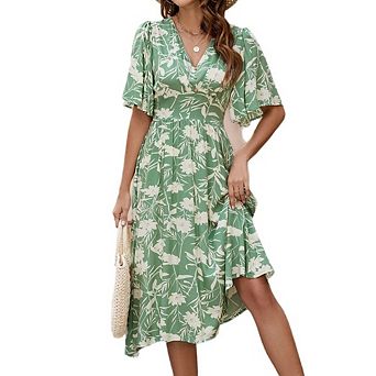 Women's Floral V Neck Midi Dress Flutter Short Sleeve High Waist Casual Dress