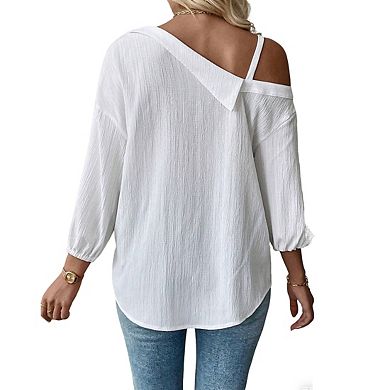 Women's Long Sleeve Off Shoulder Polo Neck Button Front Loose Fit Blouse