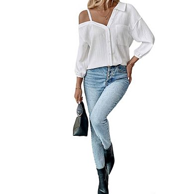 Women's Long Sleeve Off Shoulder Polo Neck Button Front Loose Fit Blouse