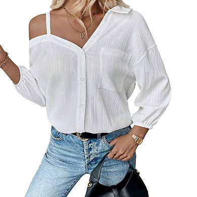 Women's Long Sleeve Off Shoulder Polo Neck Button Front Loose Fit Blouse