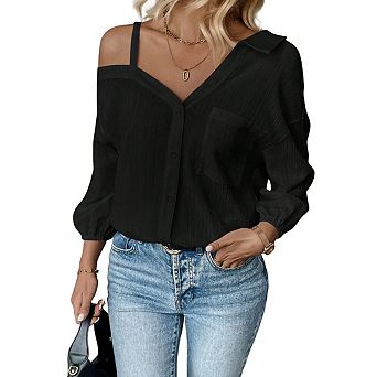 Women's Long Sleeve Off Shoulder Polo Neck Button Front Loose Fit Blouse