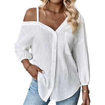 Women's Long Sleeve Off Shoulder Polo Neck Button Front Loose Fit Blouse
