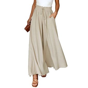 Women's High Waist Wide Leg Palazzo Pants Ruffle Elastic Flowy A Line Casual Long Beach Trousers