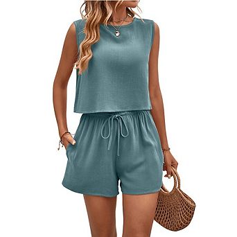 Women's 2 pc Sets Sleeveless Round Neck Tank Top Drawstring Elastic Waist Shorts Casual Set