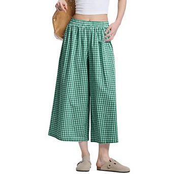 Women Plaid Casual Wide Leg Pants Spring Summer Loose Fit Slimming Lounge Pant with Pocket