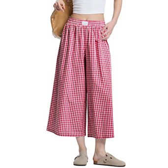 Women Plaid Casual Wide Leg Pants Spring Summer Loose Fit Slimming Lounge Pant with Pocket