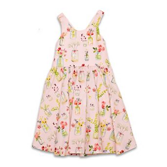 Cross Back Dress in Pink Plants - 2y