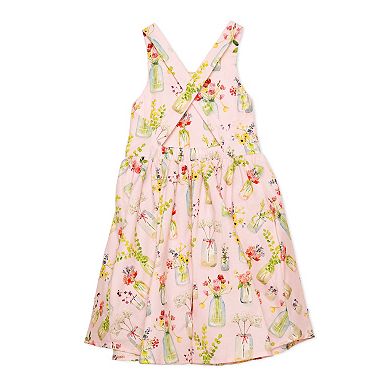 Cross Back Dress in Pink Plants - 2y