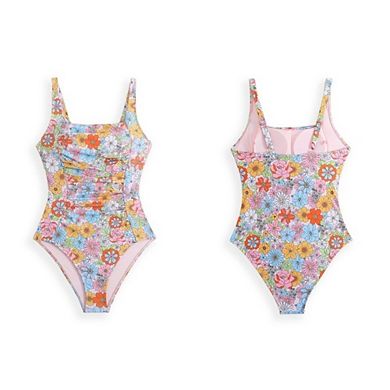 Women's Square Neck Ruched Front One Piece Swimsuit Adjustable Strap Tummy Control Bathing Pool Suit