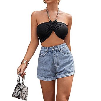 Women's High Waisted Denim Shorts Rolled Hem Casaul Shorts
