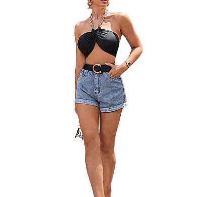 Women's High Waisted Denim Shorts Rolled Hem Casaul Shorts