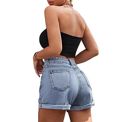 Women's High Waisted Denim Shorts Rolled Hem Casaul Shorts