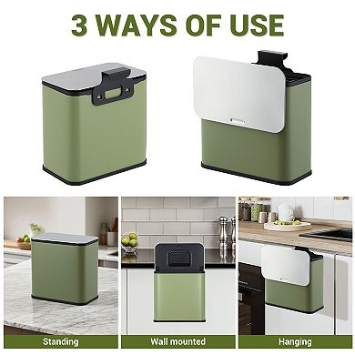 Stainless Steel Kitchen Bin - 1.3 Gallon Hanging Trash Can with Lid, Inner Bucket & Charcoal Filter