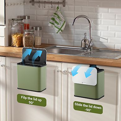 Stainless Steel Kitchen Bin - 1.3 Gallon Hanging Trash Can with Lid, Inner Bucket & Charcoal Filter
