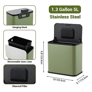 Stainless Steel Kitchen Bin - 1.3 Gallon Hanging Trash Can with Lid, Inner Bucket & Charcoal Filter