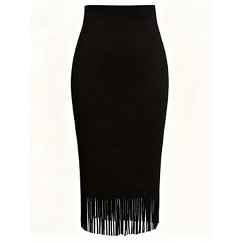Women's Suede Fringe Midi Skirt Elegant H-Shaped Fitted Long Skirt