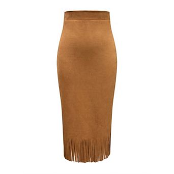 Women's Suede Fringe Midi Skirt Elegant H-Shaped Fitted Long Skirt