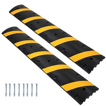 Rubber Speed Hump,Heavy Duty Traffic Speed Bump with High Reflective Yellow Strip Expansion Screws