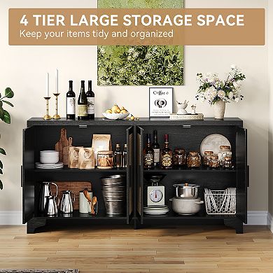 Modern Boho Rattan Sideboard, 4-Door Buffet Cabinet with Shelves