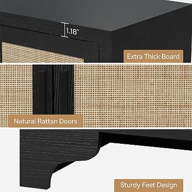 Modern Boho Rattan Sideboard, 4-Door Buffet Cabinet with Shelves