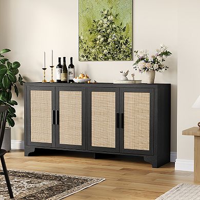 Modern Boho Rattan Sideboard, 4-Door Buffet Cabinet with Shelves
