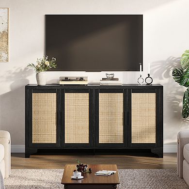 Modern Boho Rattan Sideboard, 4-Door Buffet Cabinet with Shelves