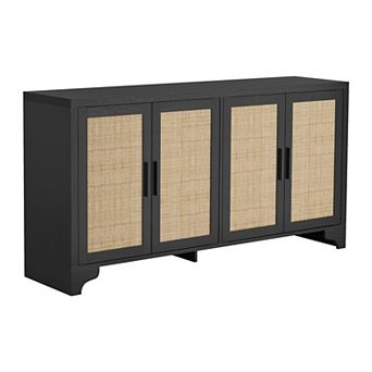 Modern Boho Rattan Sideboard, 4-Door Buffet Cabinet with Shelves